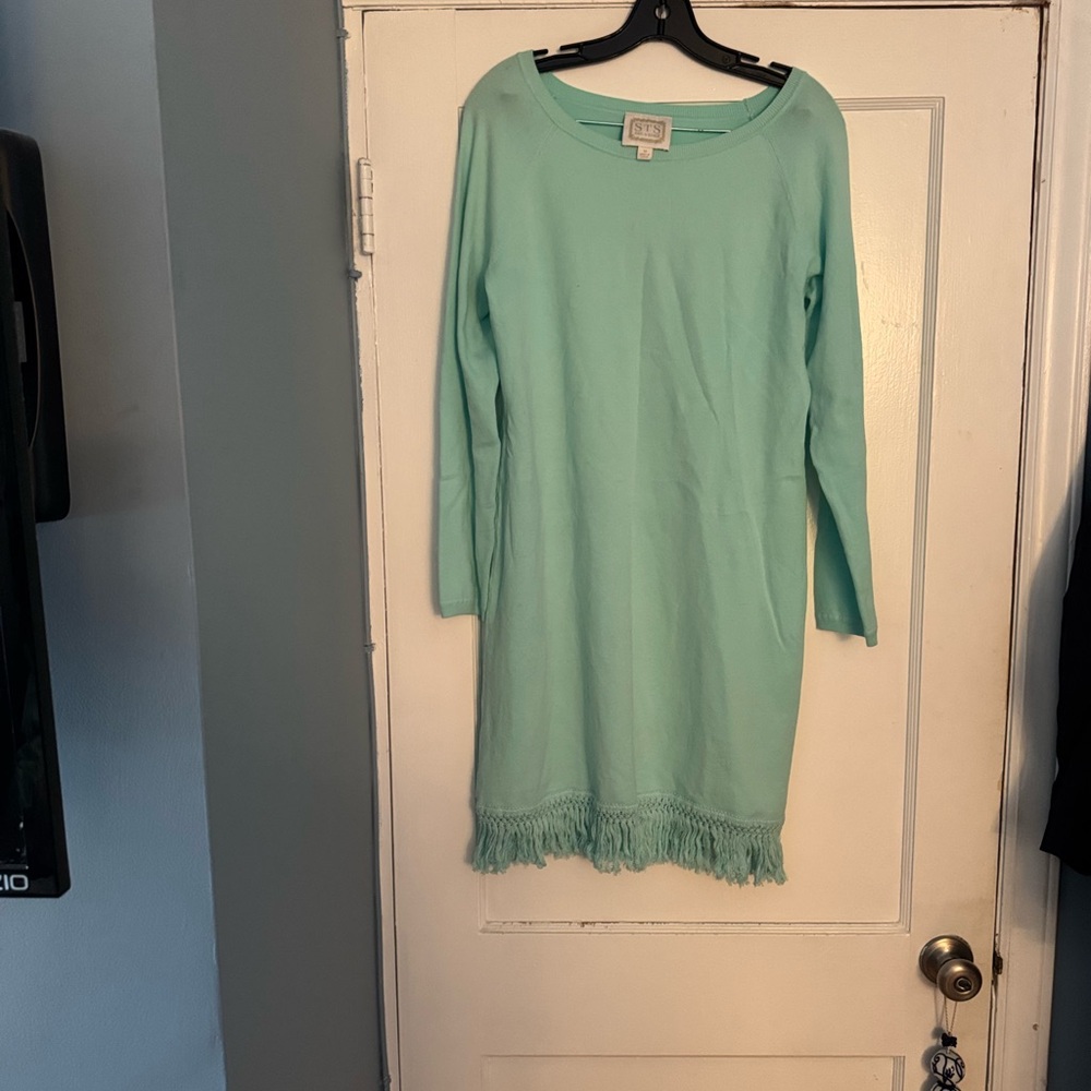 STS Mint Green Fringe Hem Knit Dress Size M